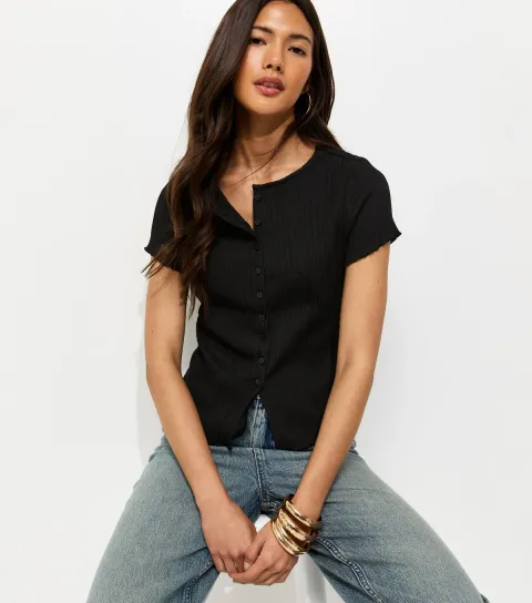 New Look Women's Black Ribbed Texture Button Front T-Shirt