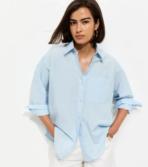 New Look Women's Blue Cotton Poplin Long Sleeve Shirt