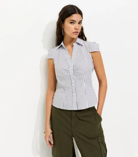 Women's Blue Cotton Striped Double Button Fitted Shirt