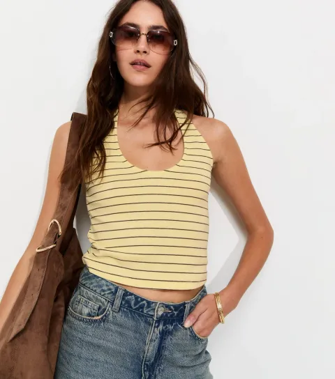 Women's Yellow Cotton Rich Striped Halterneck Top