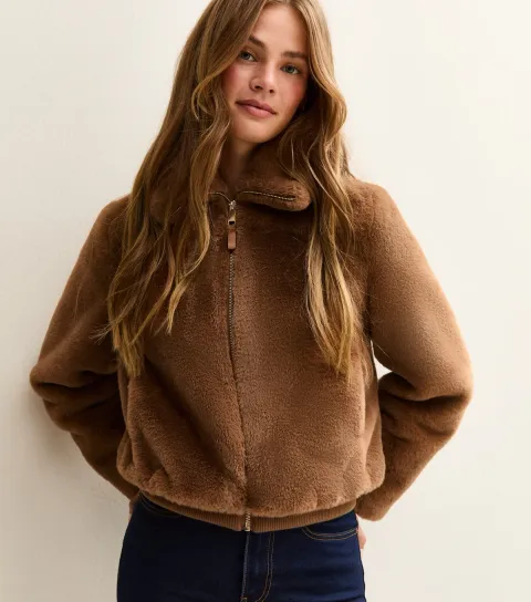 New Look Women's Tan Faux Fur Bomber Jacket