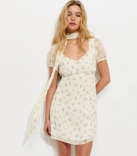 Women's Cream Chiffon Floral Mini Dress with Scarf