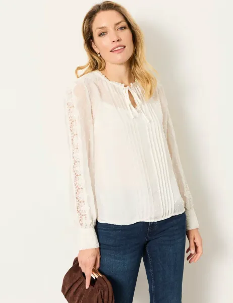 FatFace Embroidered Lace Tie Neck Blouse Ivory
