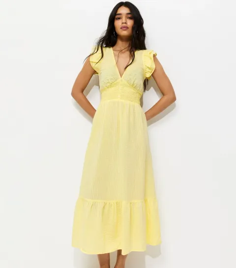 Women's Light Yellow Ruffled Cap Sleeve Midi Dress