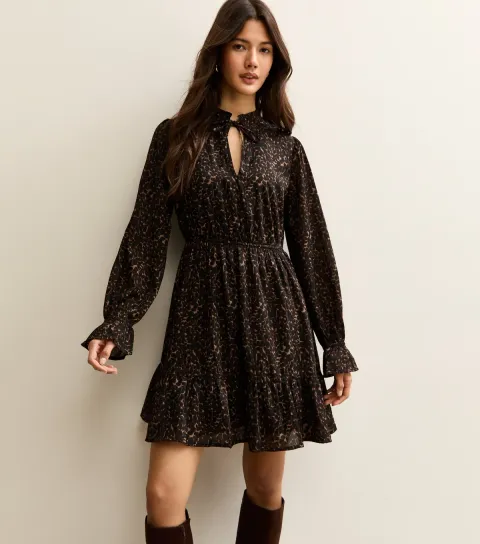 Women's Brown Animal Print Tie Neck Mini Dress