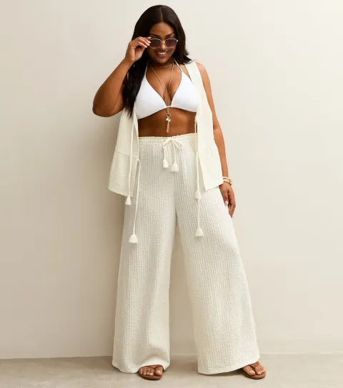 Women's Plus Size Off White Textured Beach Trousers Curves