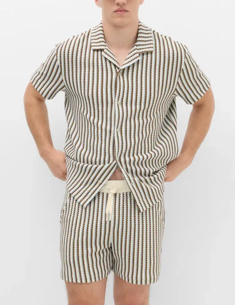 Marks & Spencer Striped Knit Textured Cotton Blend Shorts Ecru