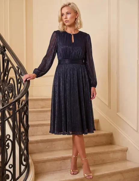 Roman Petite Crinkle Keyhole Midi Dress Navy Mix