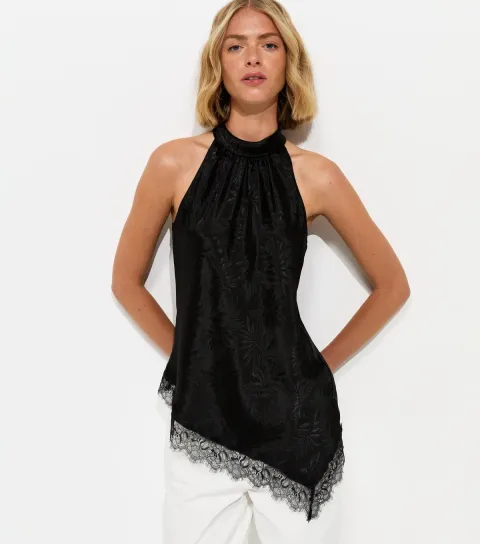 Women's Black Asymmetric Hem Halterneck Top