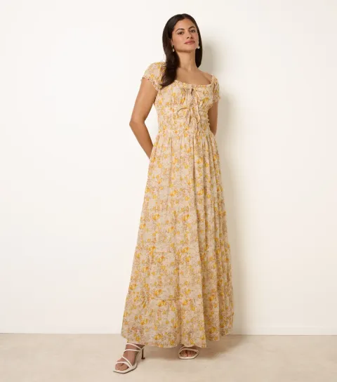 Women's Yellow Floral Print Tie Front Maxi Dress