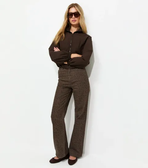 Women's Tall Brown Leopard Print Wide Leg Jeans