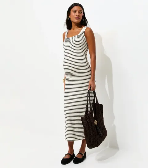 Women's Maternity White Stripe Square Neck Neck Midi Dress