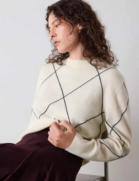 Whistles Pure Wool Contrast Diamond Knitted Top Ivory Mix