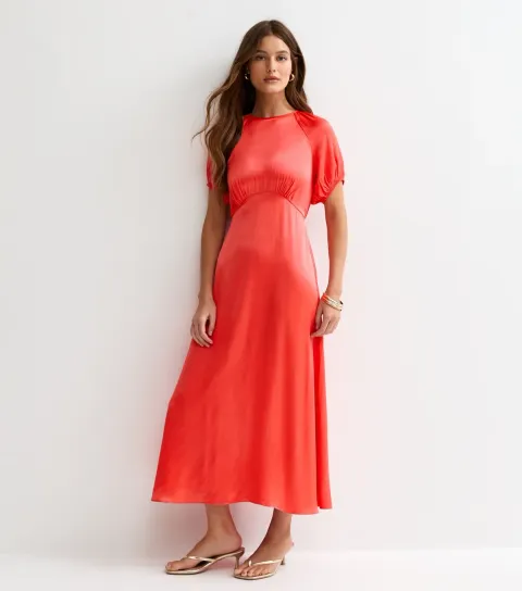 Women's Coral Satin A-line Midi Dress