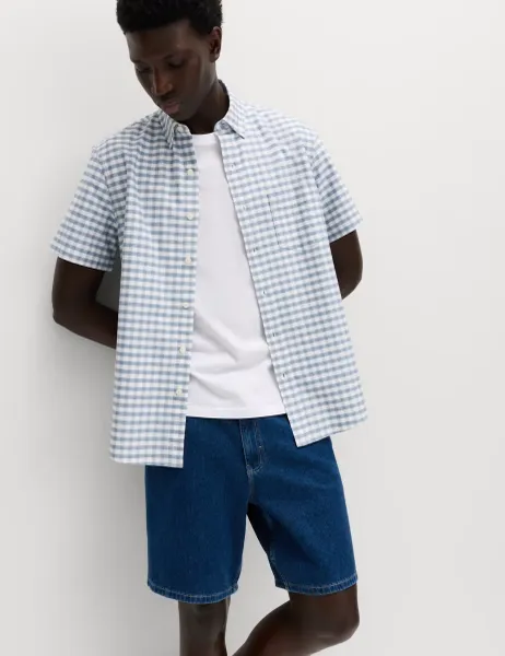 Marks & Spencer Ultimate Pure Cotton Check Oxford Shirt Blue Mix