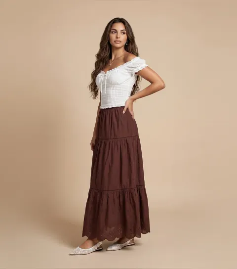 Urban Bliss Women's Brown Cotton Broderie Trim Maxi Skirt