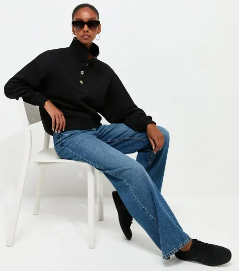 Women's Black Cotton Rich Button Funnel Neck Sweatshirt