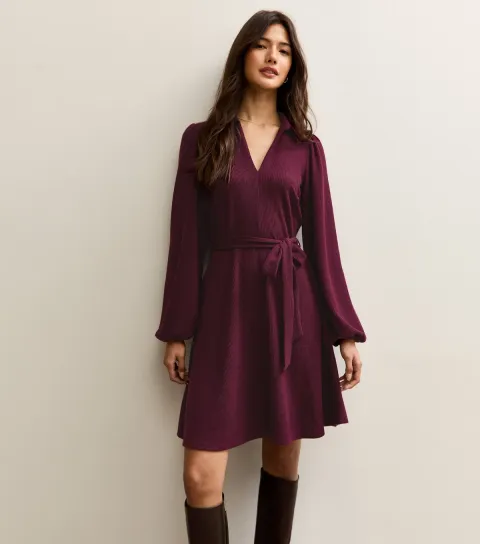Women's Dark Burgundy Crinkled Long Sleeve Mini Dress