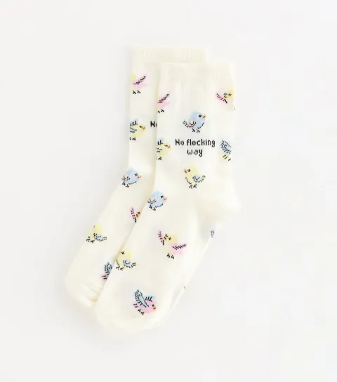 Cream Cotton Rich No Flocking Way Bird Pattern Socks