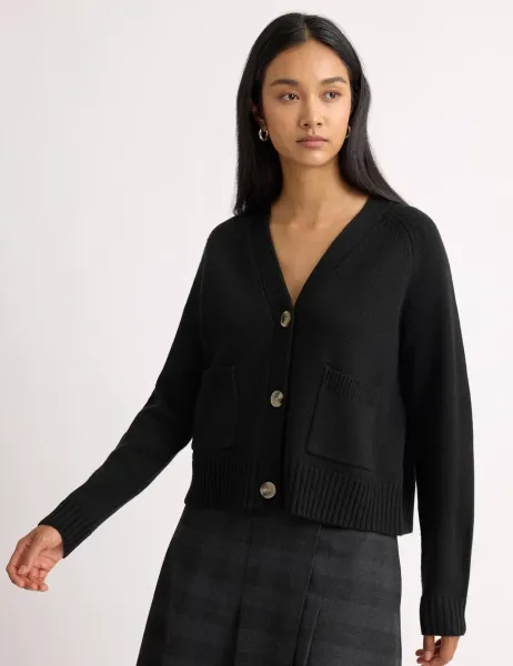 Albaray Relaxed V-Neck Button Front Cardigan with Wool Black