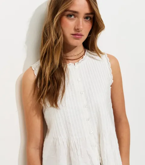 Women's White Pintuck Button Front Sleeveless Top