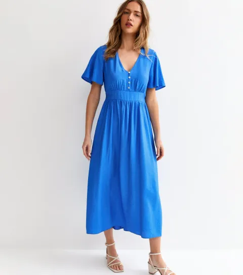 New Look Women's Bright Blue Frill Sleeve V Neck Midi Dress