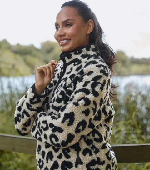 Women's Brown Leopard Quarter Zip Borg Jacket