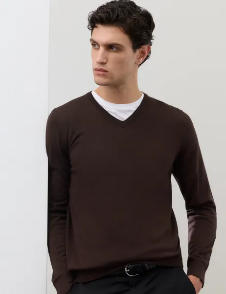 Autograph Pure Extra Fine Merino Wool V-Neck Jumper Teak