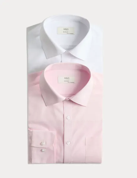 Marks & Spencer 2 Pack Slim Fit Easy Iron Cotton Blend Shirts White Mix