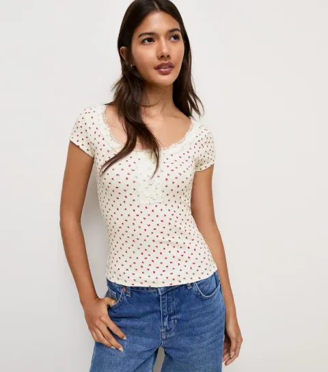 Women's Cream Cotton Rich Ditsy Print Ribbed Lace Trim Henley Top