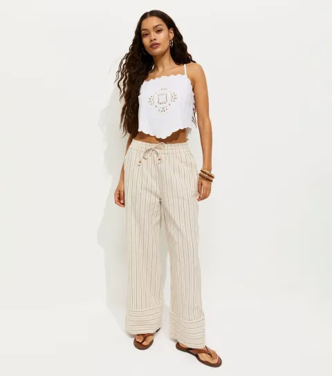 Women's Petite Cream Cotton Rich Striped Wide Leg Trousers