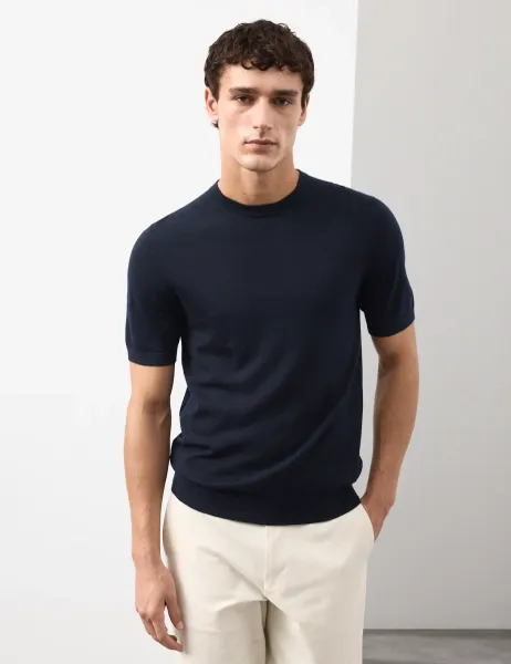 Autograph Pure Extra Fine Merino Wool Crew Neck T-Shirt Dark Navy