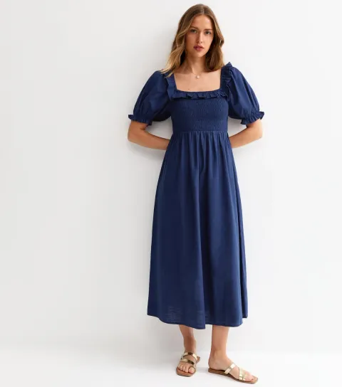 Women's Navy Short Sleeve Shirred Frill Midi Dress