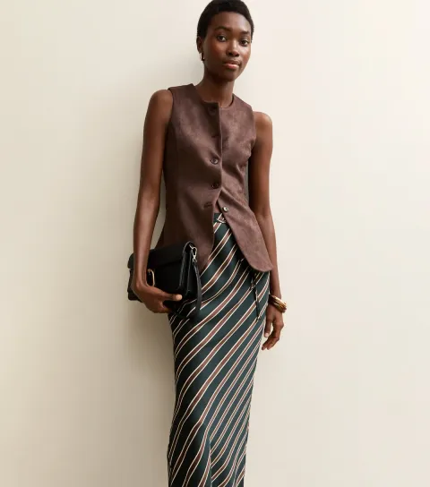 Women's Tall Black Satin Striped Bias Cut Midi Skirt