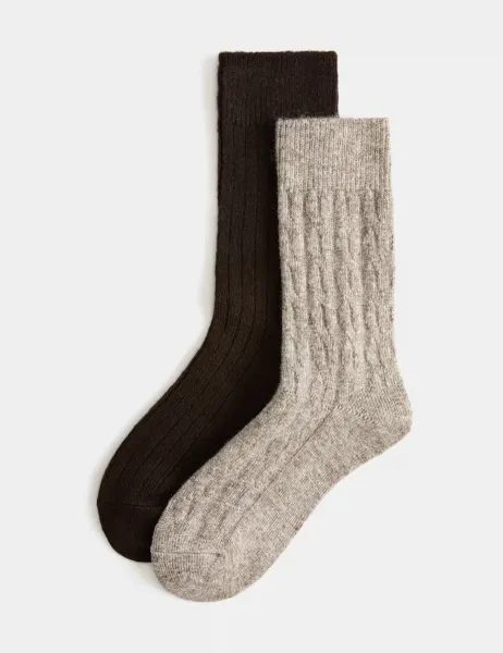 Marks & Spencer 2 Pack Thermal Ribbed Cable Ankle High Socks Chocolate Mix