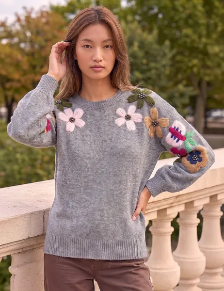Roman Floral Embellished Jumper Grey