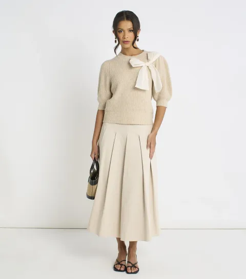 Gini London Women's Light Brown Bow Knitted Jumper