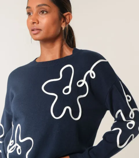 Women's Navy Floral Pattern Jumper