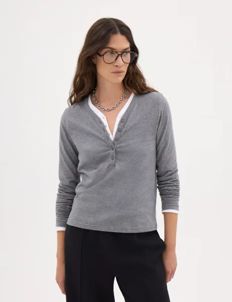 HUSH Pure Cotton V Neck Regular Fit Henley T-Shirt Grey Marl