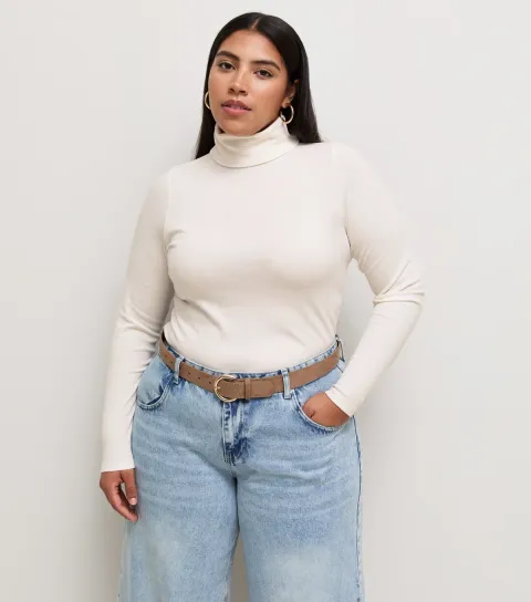 New Look Women's Plus Size Cream Cotton Rich Rib Roll Neck Long Sleeve Top Curves