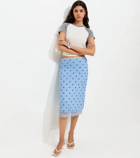 Women's Light Blue Polka Dot Lace Trim Mesh Midi Skirt