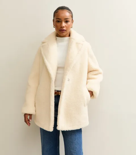Women's Petite Cream Borg Coat