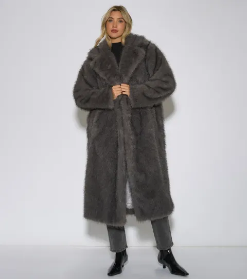 Gini London Women's Dark Grey Faux Fur Longline Coat