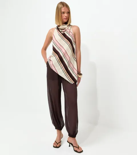Women's Dark Brown Sheer Chiffon Cuffed Trousers