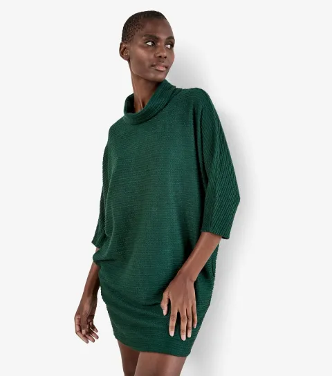 Women's Dark Green Cable Soft Touch Mock Neck Dress