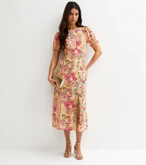 Women's Yellow Floral Short Sleeve Midi Dress