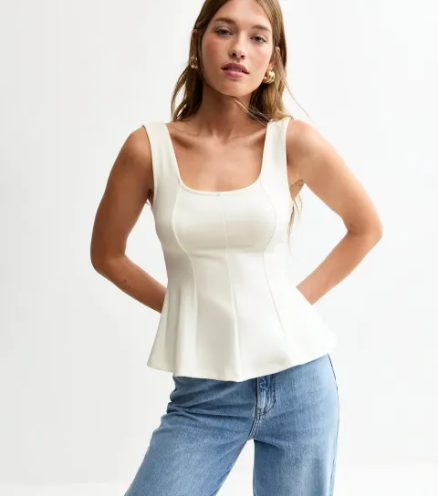 Women's Off White Jersey Peplum Crepe Strappy Top