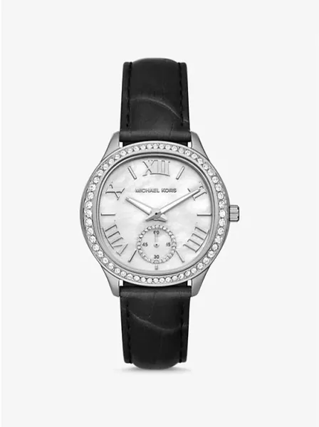Sage Pavé Silver-Tone and Crocodile Embossed Leather Watch