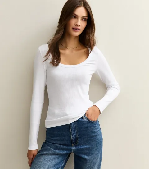 Women's Tall White Scoop Neck Long Sleeve Top