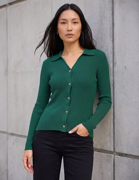 Roman Ribbed Knitted Henley Top Dark Green